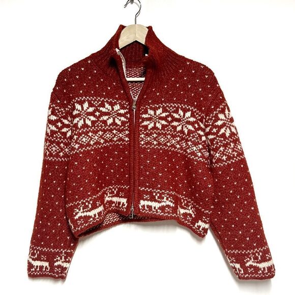 New Handmade Nordic Fair Isle Cropped Cardigan Two way zipper Sz L - Picture 3 of 6